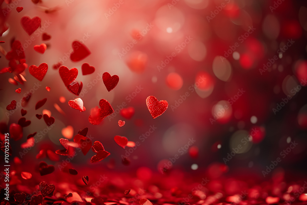 Red color abstract background surrounded by romantic atmosphere of floating hearts. Saint Valentine's Day Red color abstract background surrounded by romantic atmosphere of floating hearts. Saint Valentine's Day