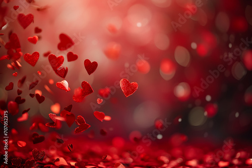 Red color abstract background surrounded by romantic atmosphere of floating hearts. Saint Valentine's Day  © MASmaker