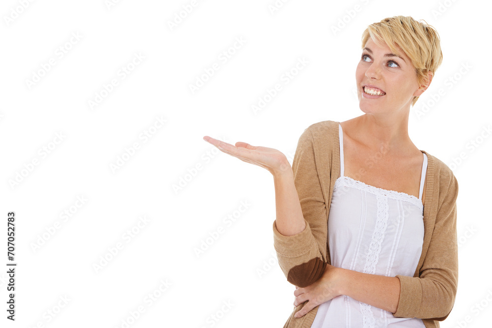 Happy woman, palm and mockup space for advertising or marketing on a white studio background. Female person, model or blonde smile in fashion or casual clothing for deal, special offer or promotion Happy woman, palm and mockup space for advertising or marketing on a white studio background. Female person, model or blonde smile in fashion or casual clothing for deal, special offer or promotion