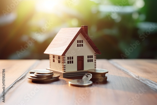 Mockup wooden house and key on wooden table, concept of real estate investment. Planning savings money of coins buy home concept for property, mortgage and real estate investment © Robin