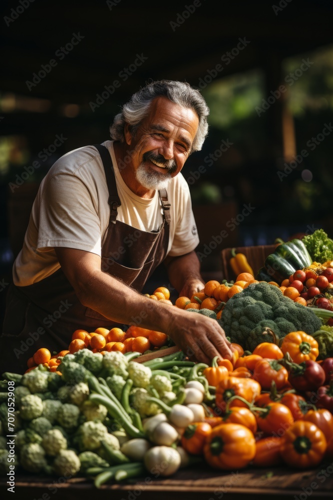 Small business owner at a farmers' market, proudly displaying a colorful array of organic fruits and vegetables, Generative AI
