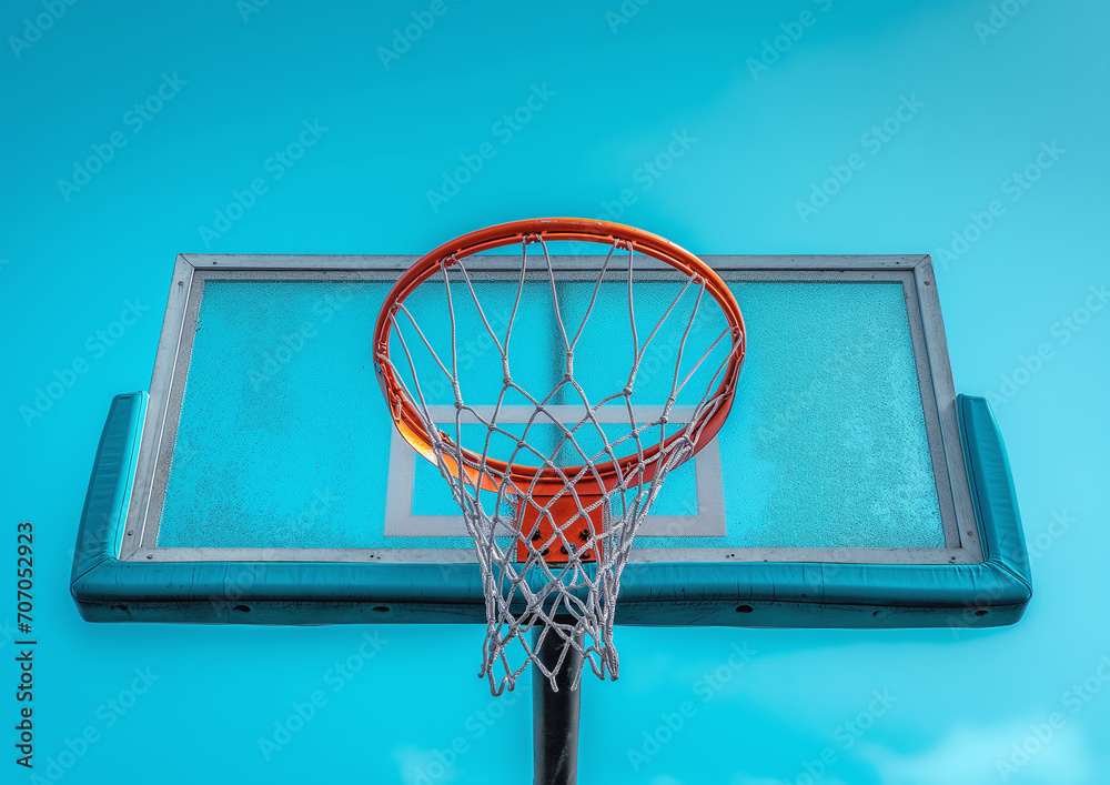 Low angle view of basketball backboard and hoop on outdoor basketball court. Street basketball. 