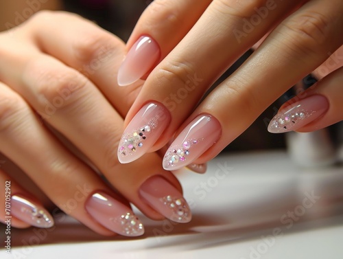 Fashionable nail art with rhinestones and subtle pink polish for a chic look.