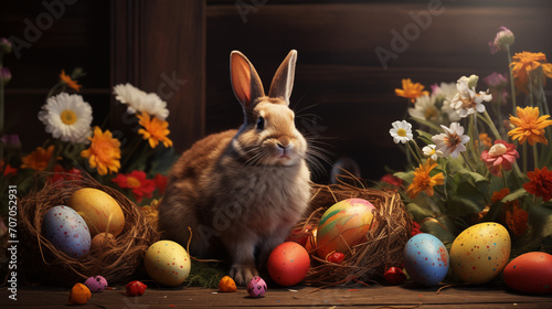 Easter design background. Easter eggs and bunny