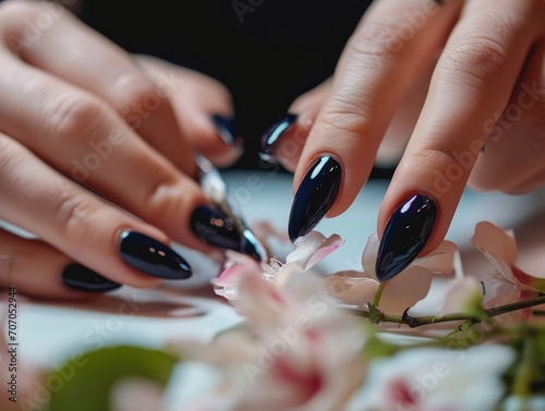  Elegant hands with dark nail polish and delicate flower petals.