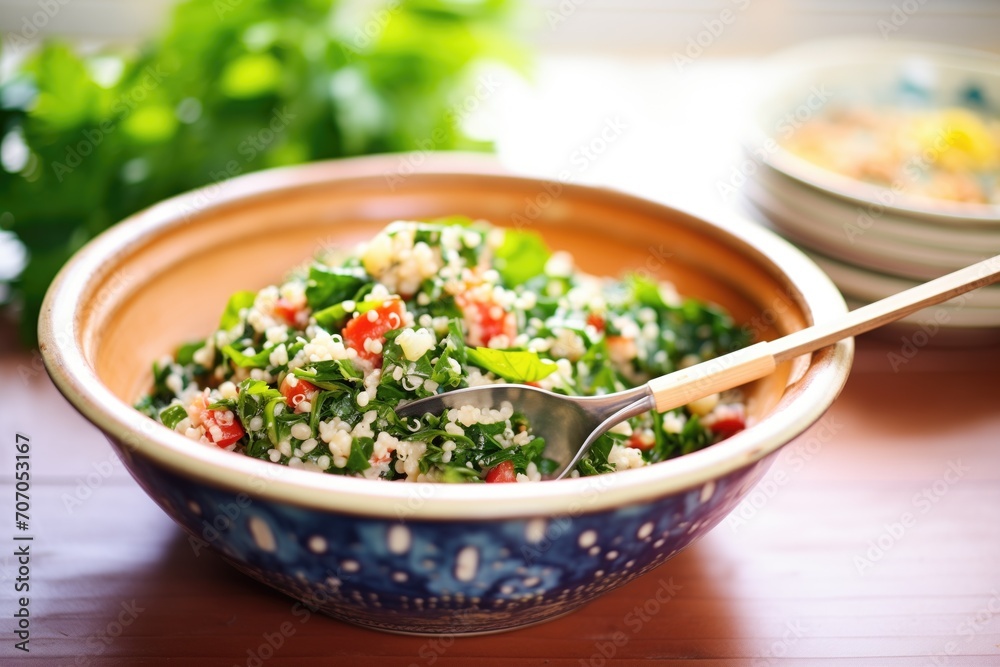 tabouli salad in a traditional ceramic bowl with a decorative spoon tabouli salad in a traditional ceramic bowl with a decorative spoon