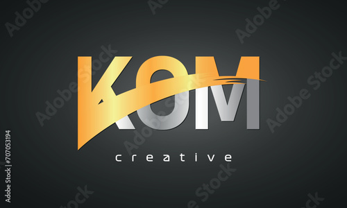 KOM Letters Logo Design with Creative Intersected and Cutted golden color