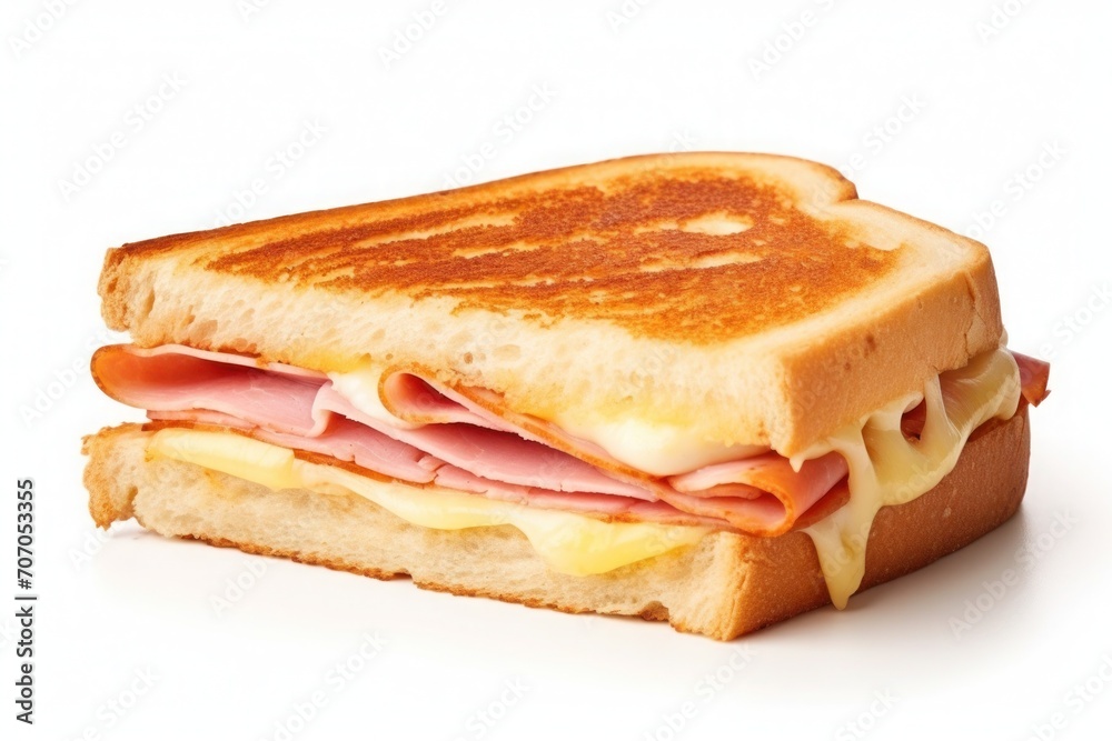 Crispy toasted sandwich with ham and melted cheese isolated on white background, Breakfast food, Closeup