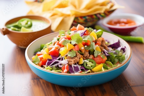 taco salad with colorful bell peppers and red onions