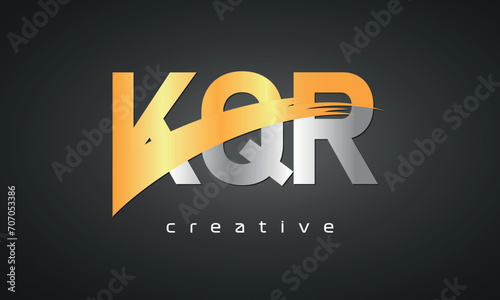 KQR Letters Logo Design with Creative Intersected and Cutted golden color photo