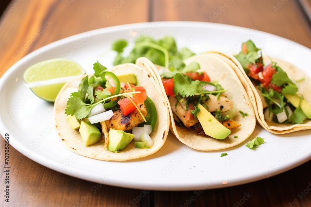 tacos with grilled chicken, avocado, and fresh cilantro on a white plate tacos with grilled chicken, avocado, and fresh cilantro on a white plate
