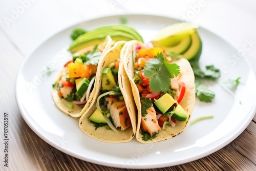 tacos with grilled chicken, avocado, and fresh cilantro on a white plate