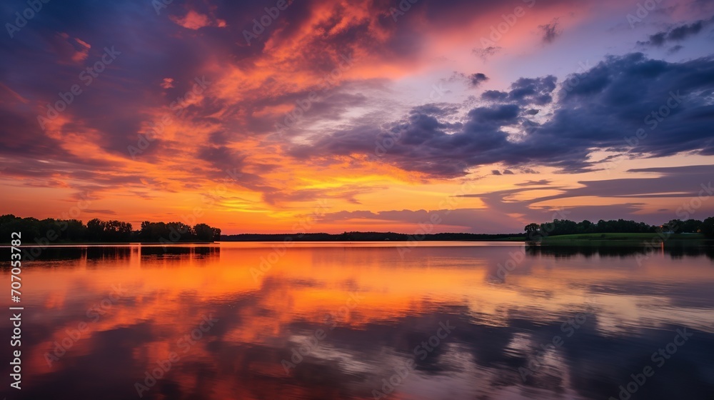 sunset in the Midwest with reflections of sunset light on a calm lake. sunset in the Midwest with reflections of sunset light on a calm lake.