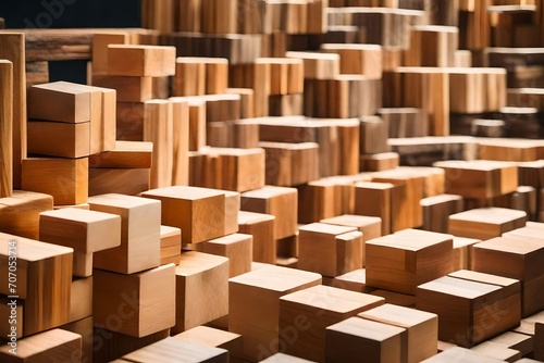 Craft an imaginative scene illustrating the strategic steps taken in customer targeting  using wooden blocks as representative elements of a thoughtful approach