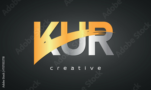 KUR Letters Logo Design with Creative Intersected and Cutted golden color