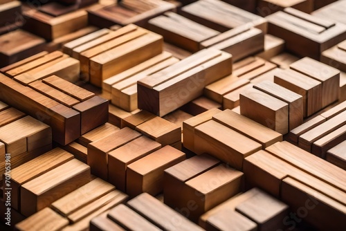 Showcase the intricacies of planning and development in business by arranging wooden blocks as interconnected steps  forming a cohesive pathway to growth