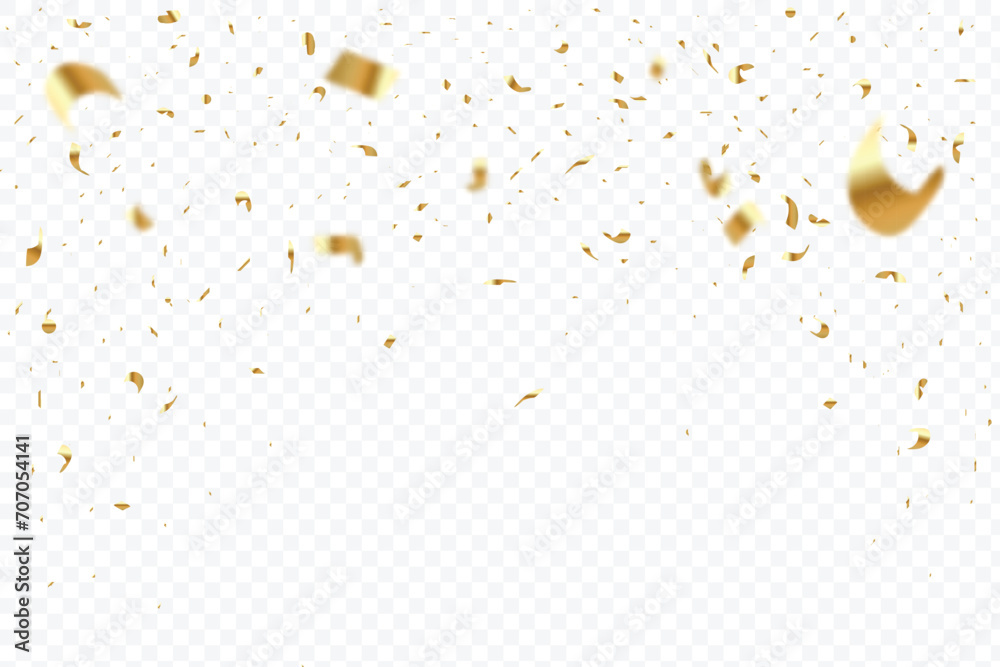 Golden confetti and party tinsel falling on a transparent background. Confetti falling background vector with golden color. Party, anniversary or Birthday celebration gold foil and confetti vector. - obrazy, fototapety, plakaty 