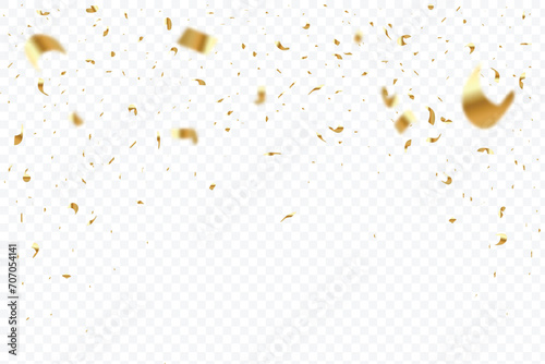 Golden confetti and party tinsel falling on a transparent background. Confetti falling background vector with golden color. Party, anniversary or Birthday celebration gold foil and confetti vector.