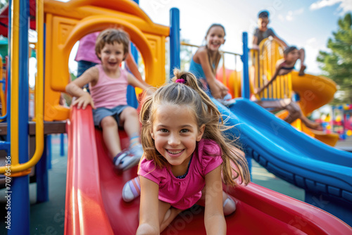 The joy and excitement of children playing at a colorful playground