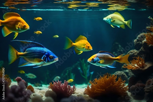 Imagine a scenario where fish in an aquarium develop a complex society with their own rules, traditions, and social structures, and explore the dynamics of their underwater community © Tayyab