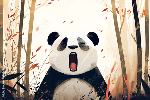 Panda bocejando na floresta - Ilustração infantil fofa 2d photo