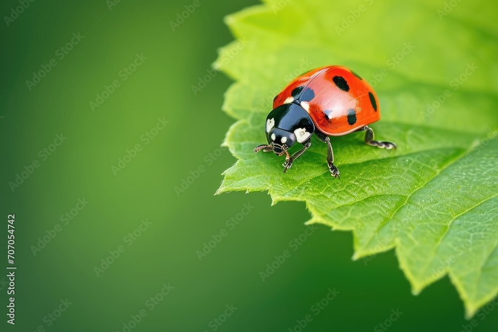 Single ladybug climbing a green leaf