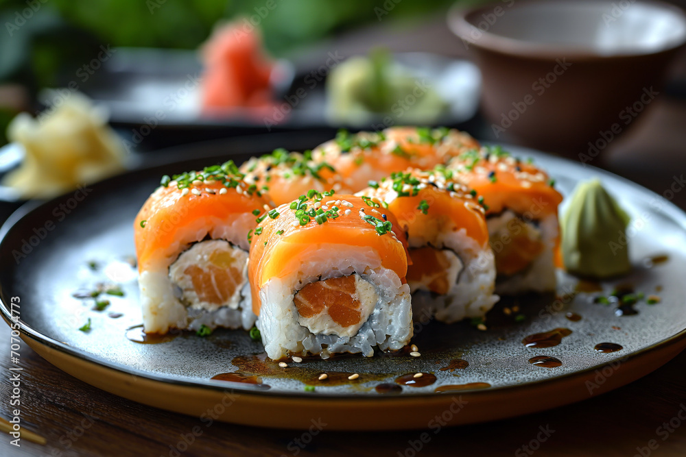 Sushi with salmon rice and wasabi.