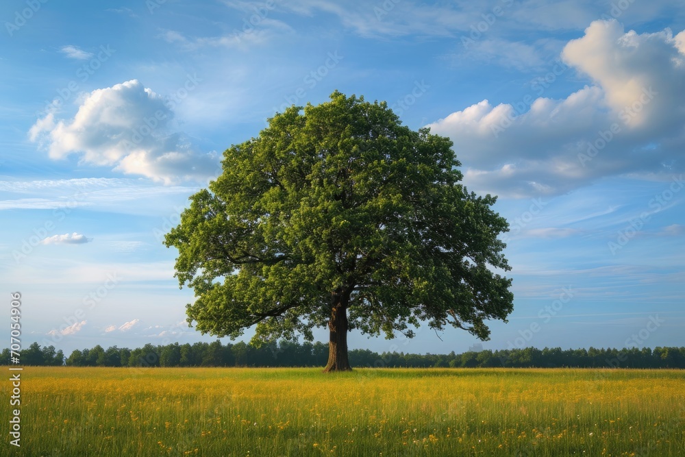 Single oak tree standing resiliently in a meadow Single oak tree standing resiliently in a meadow