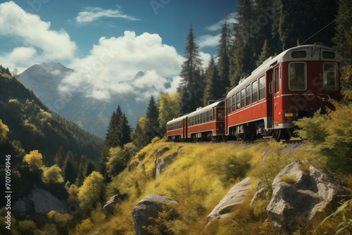 The red passenger train travels in a picturesque place among the mountains.