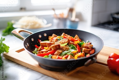 Fotomurale tempeh stir-fry with colorful bell peppers in wok