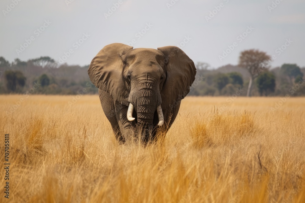 Solitary elephant wandering in the African savannah