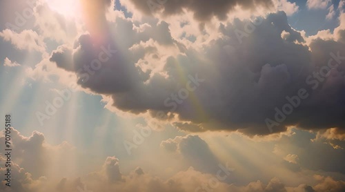 Heavy clouds in sky with sun rays. AI generated footage. view of light beams among clouds in gloomy sky covered with rain and storm clouds. Thunderclouds through which rays of light break through. Hd