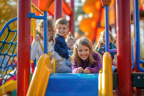 The joy and excitement of children playing at a colorful playground © Kien