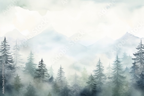 Winter's grace to your projects with a foggy forest and hill watercolor background, where the misty hues, Generative AI  © ManusiaIkan