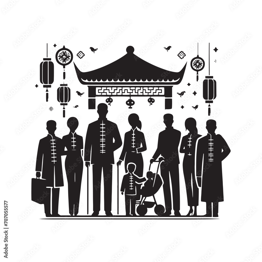 Celebratory Generations: Exquisite Chinese Family Reunion Silhouette - Chinese New Year Silhouette - Chinese Family Vector
