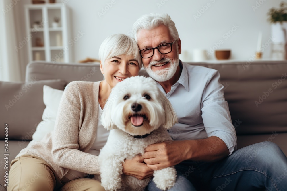 Happy senior couple sitting with dog at home Happy senior couple sitting with dog at home