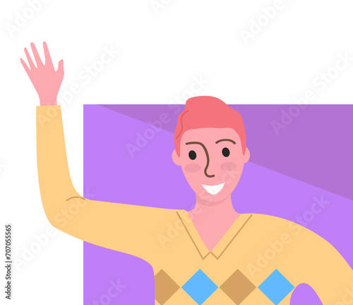 Animated young man waving hello with a friendly smile. Male character in sweater greeting, purple background. Friendly greeting, warm welcome vector illustration. photo