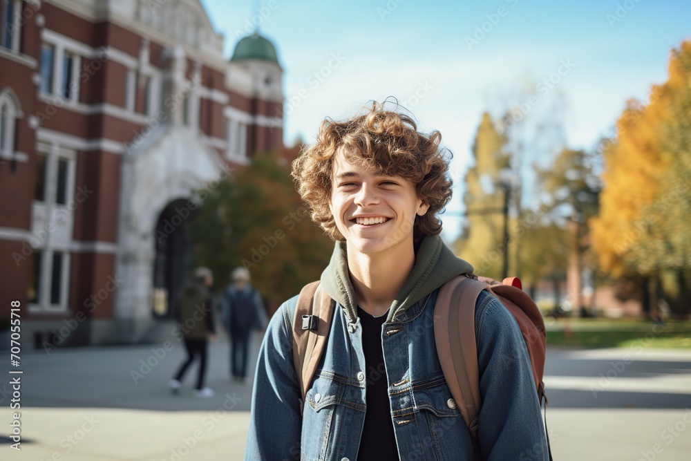 Young american student boy with backpack walking at university campus Young american student boy with backpack walking at university campus