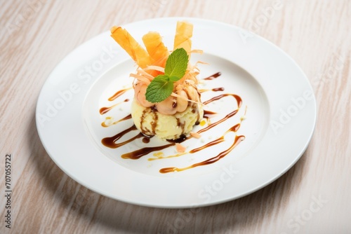 tempura ice cream dessert with chocolate drizzle