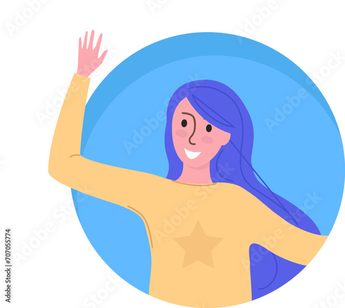 Smiling young woman waving hand in greeting gesture. Happy female character with purple hair  casual clothing. Friendly greeting  social interaction vector illustration.