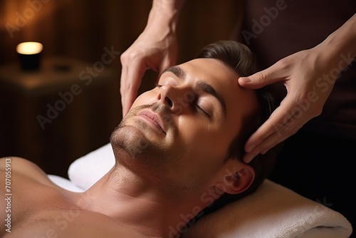 Beautiful man in spa salon getting face massage