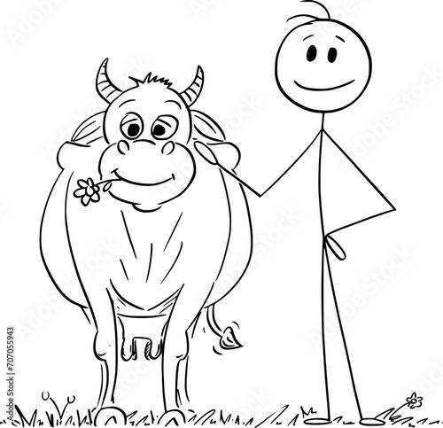 Person or Farmer with Happy Cow, Vector Cartoon Stick Figure Illustration