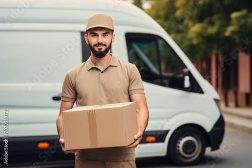 Deliveryman in uniform holding cardboard box © Alina