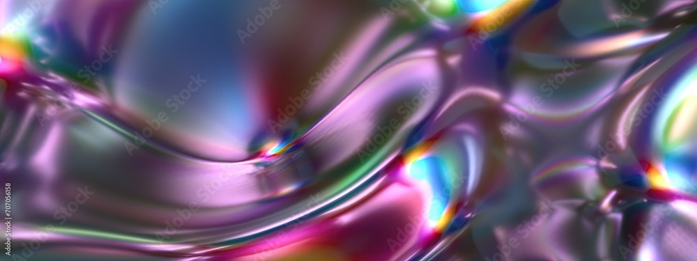 Naklejka premium Chrome Rainbow Reflection Metal Ripple Lifelike Liquid Surface Elegant Modern 3D Rendering Abstract Background