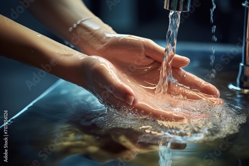 Woman washing her hands under the water tap photo