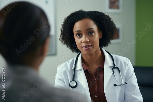 Young african american doctor woman talking with patient at a hospital