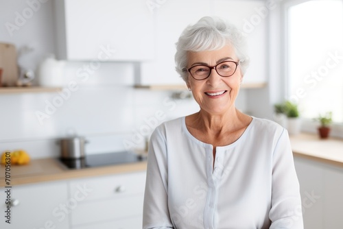 Happy senior woman cooking salad in white kitchen