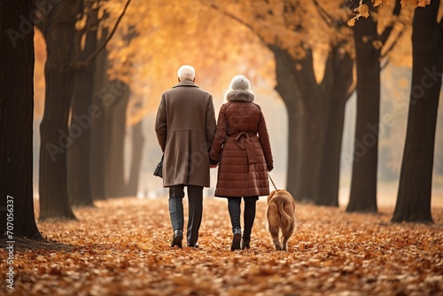 Senior couple with dog walking in the autumn park