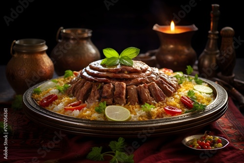 Maqluba, a layered dish with rice, meat, and vegetables