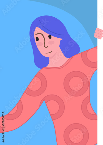 Smiling woman with blue hair peeking from behind wall. Female character in orange dress with circles. Friendly greeting and playful hide and seek vector illustration.